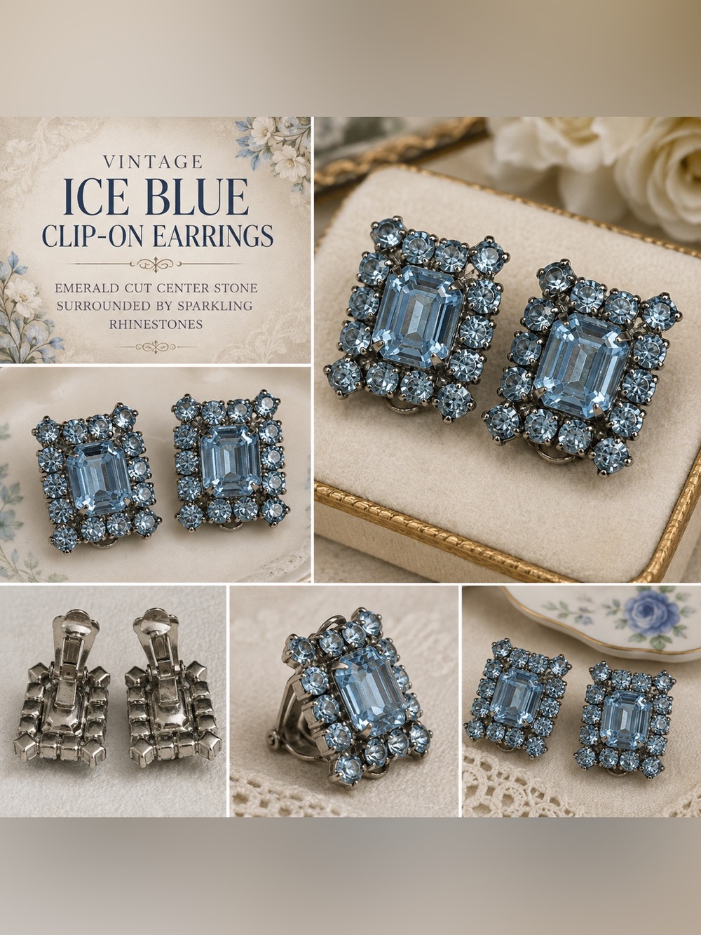 Vintage Ice Blue Emerald-Cut Clip-On Earrings